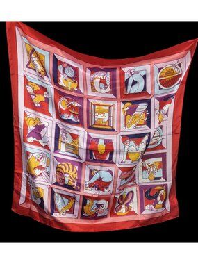 SK-II Furoshiki Naomi Red Scarf 27x28 Inches 100% Polyester Vibrant Illustrated